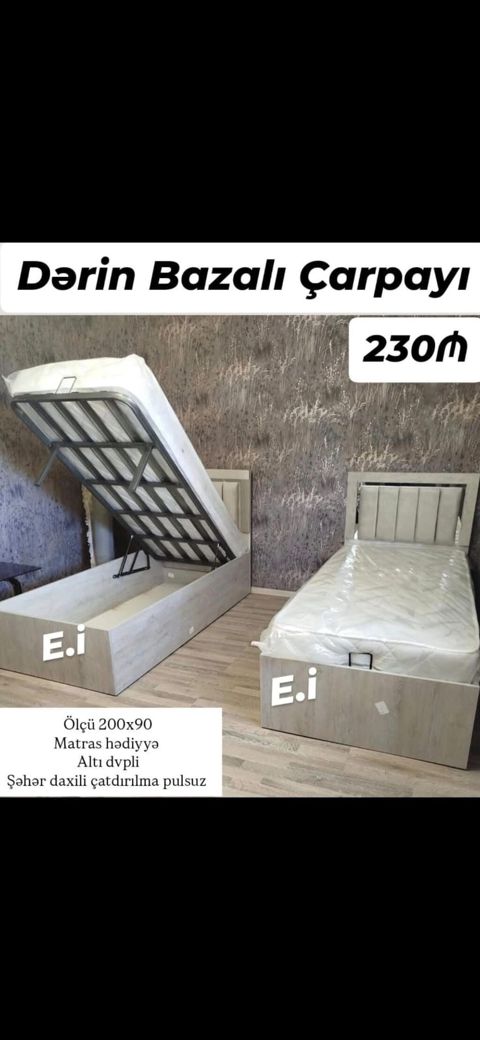 Dərin bazalı tək çarpayı - Ölçü: 200x90 sm - Qaldırılan mexanizmli — Bakı