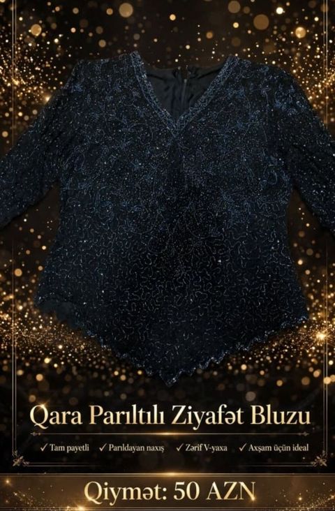 Qara Parıltılı Ziyafət Bluzu - Tam payetli, başdan-ayağa parıltı — Digah