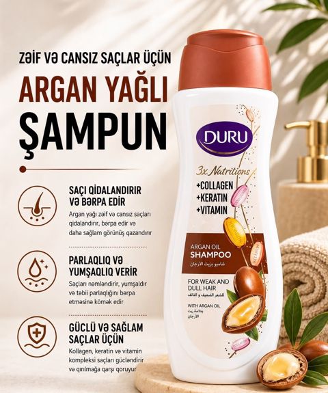 Saçlar üçün şampun Duru 3x Nutritions Argan, 600 ml — Bakı