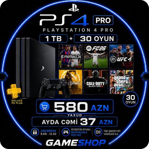 PlayStation 4 Pro – 1 TB yaddaş + 30 oyun paketi Komplekt: - PS4 Pro — Bakı