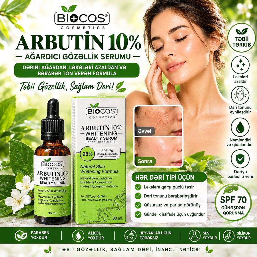 Arbutin 10% Üz Serumu – Ləkə Əleyhinə, Dəri Tonunu Bərabərləşdirən Serum — Gözəllik və sağlamlıq, Bakı