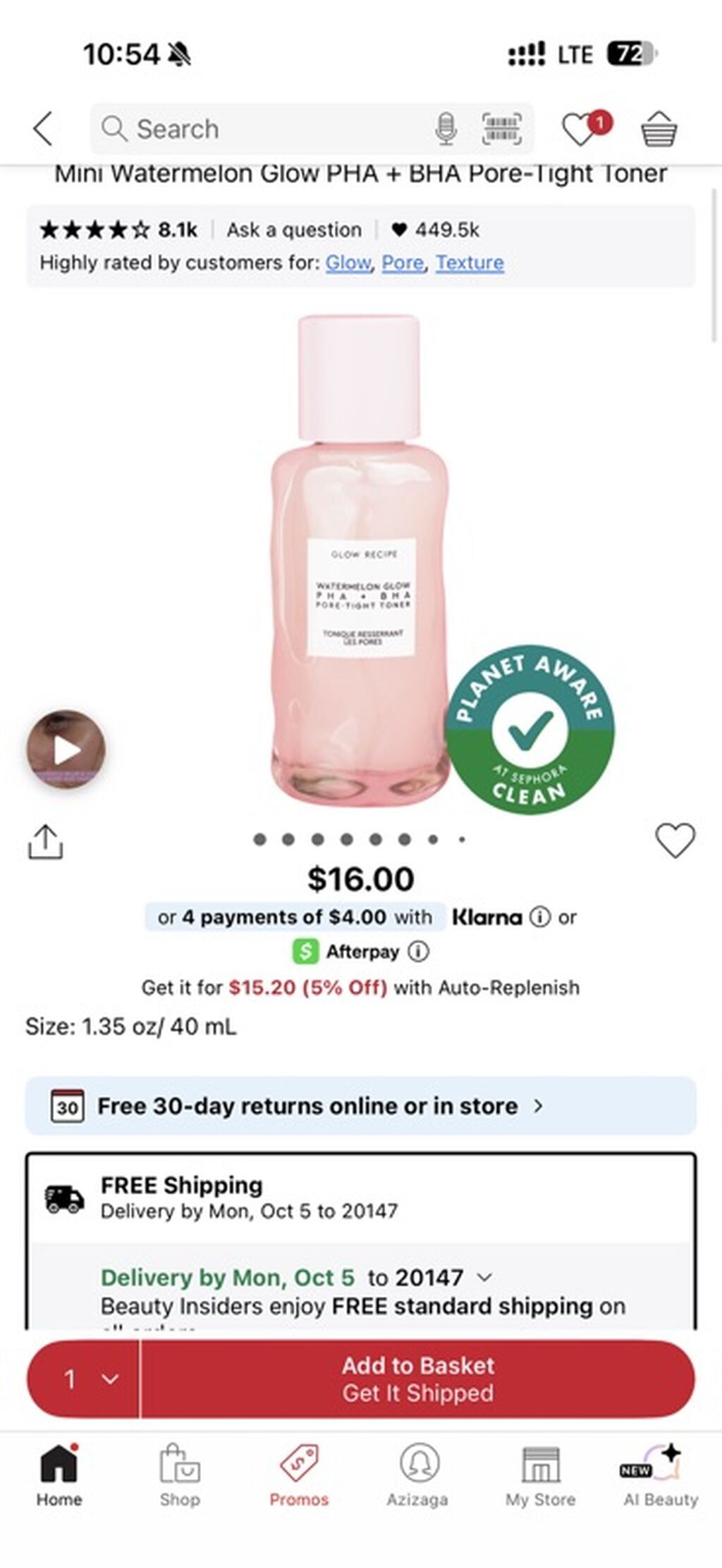 Glow Recipe Watermelon Glow PHA + BHA Pore-Tight Toner (mini) — Üz qayığı, Bakı