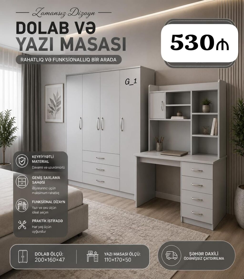 Dolab və Yazı Masası Dəsti – rahatlıq və funksionallıq bir arada — Yumşaq mobilya dəstləri, Bakı