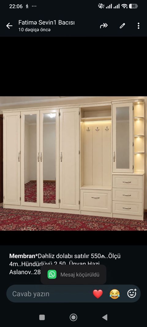 *Membran Dəhliz dolabı satılır 550₼. Ölçü 4m. Hündürlüyü 2.50. Ünvan — Bakı