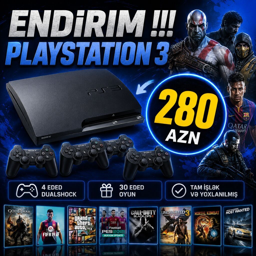 PlayStation 3 paketi – 280 AZN Məzmun: - PS3 konsolu (Slim model) - 4 — Oyun konsolları, Bakı