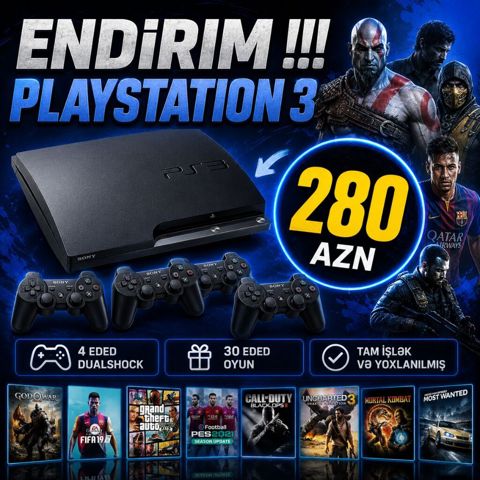 PlayStation 3 paketi – 280 AZN Məzmun: - PS3 konsolu (Slim model) - 4 — Bakı