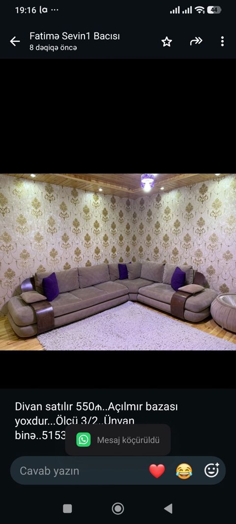 Divan satılır 550₼. Açılmır bazası yoxdur. Ölçü 3/2. Ünvan — Bakı