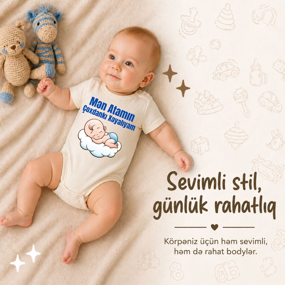 Oğlanlar üçün bodi Atamın çoxdankı Xəyalıyam, ağ, pambıq, ölçü 0-3 ay — Mallar, Bakı (3)