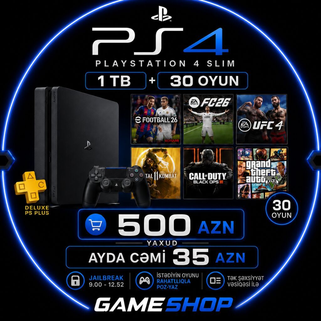 PlayStation 4 Slim oyun konsolu – 1 TB yaddaş + 30 oyun paketi — Oyun konsolları, Bakı