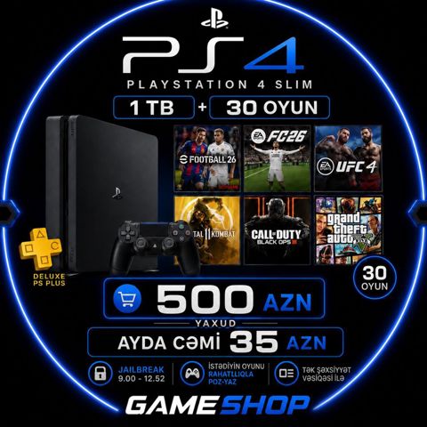 PlayStation 4 Slim oyun konsolu – 1 TB yaddaş + 30 oyun paketi — Bakı