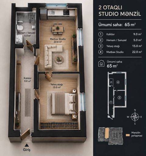 Satılır 2 otaqlı yeni tikili 65 m² — Bakı