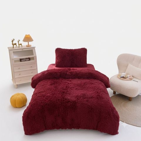 Yataq dəsti, Birnəfərlik, Peluş, Tünd qırmızı, Yorğan üzü 160x220 sm, Mələfə 160x230 sm, yastıq üzü 50x70 sm — Bakı