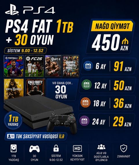 PS4 FAT oyun konsolu – 1TB yaddaş + 30 oyun paketi Xüsusiyyətlər — Bakı