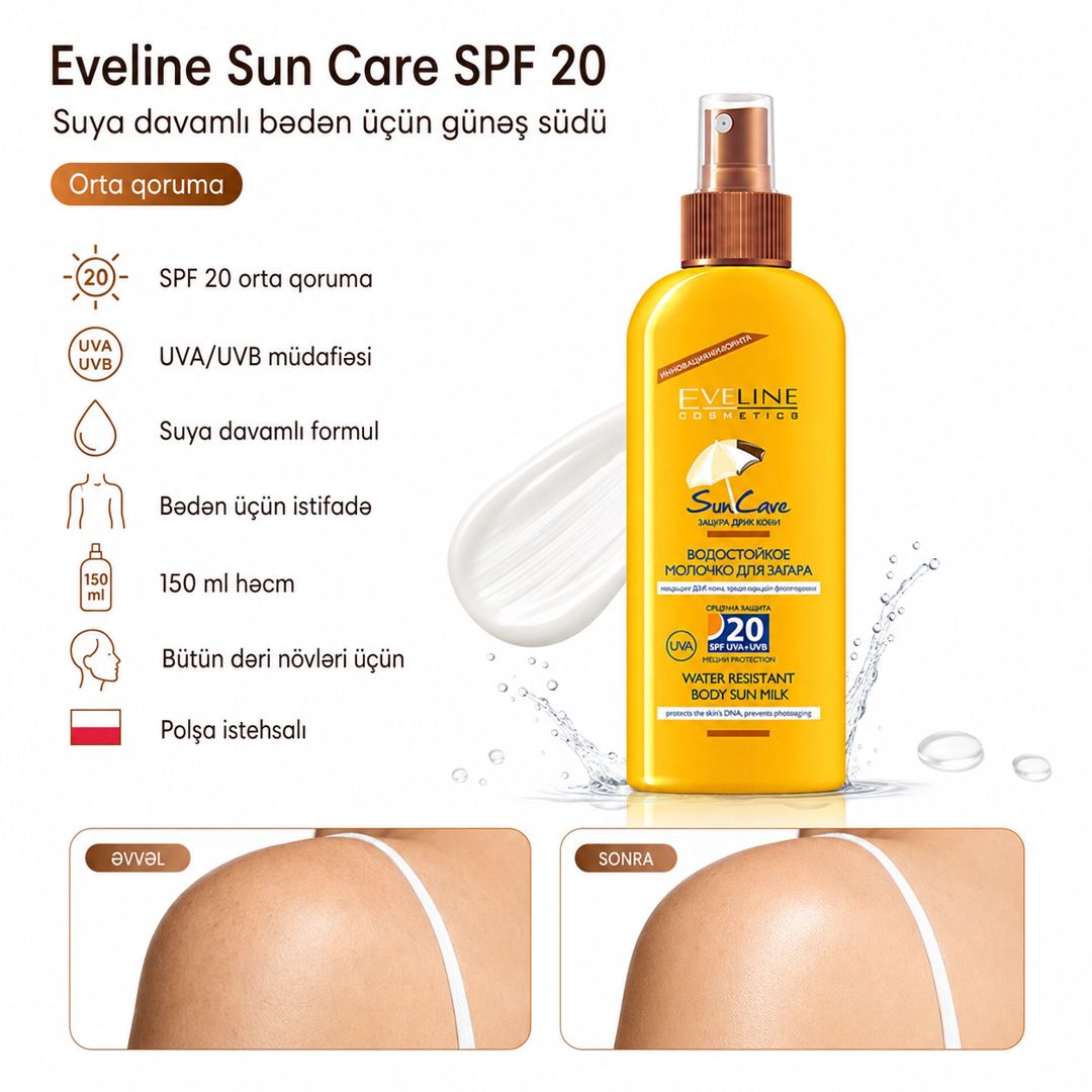 Günəşdən qoruyucu süd Eveline Sun Care Water Resistant SPF20, 150 ml — Mallar, Bakı