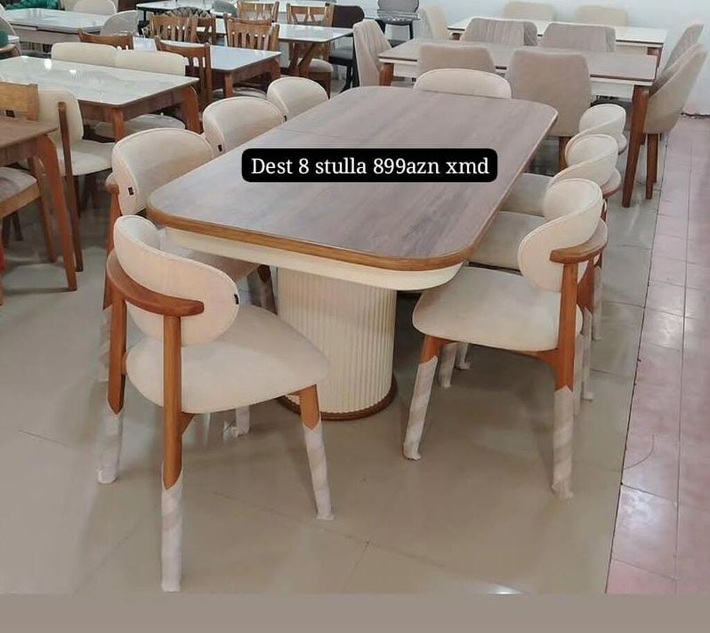 Yemək otağı dəsti – 1 masa + 8 stul - Masa: Dördkünc, yumru künclü — Masalar və stullar, Bakı