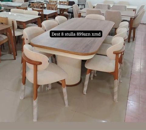 Yemək otağı dəsti – 1 masa + 8 stul - Masa: Dördkünc, yumru künclü — Bakı