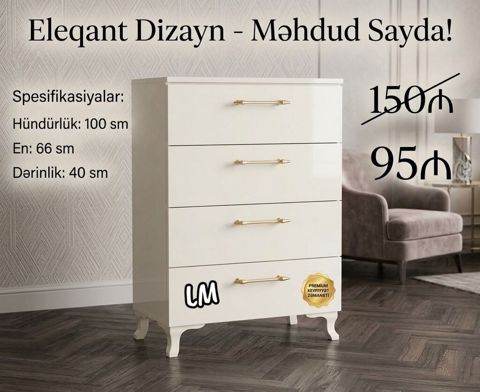Ağ rəngdə, eleqant dizaynlı 4 siyirməli komod. Xüsusiyyətlər — Bakı