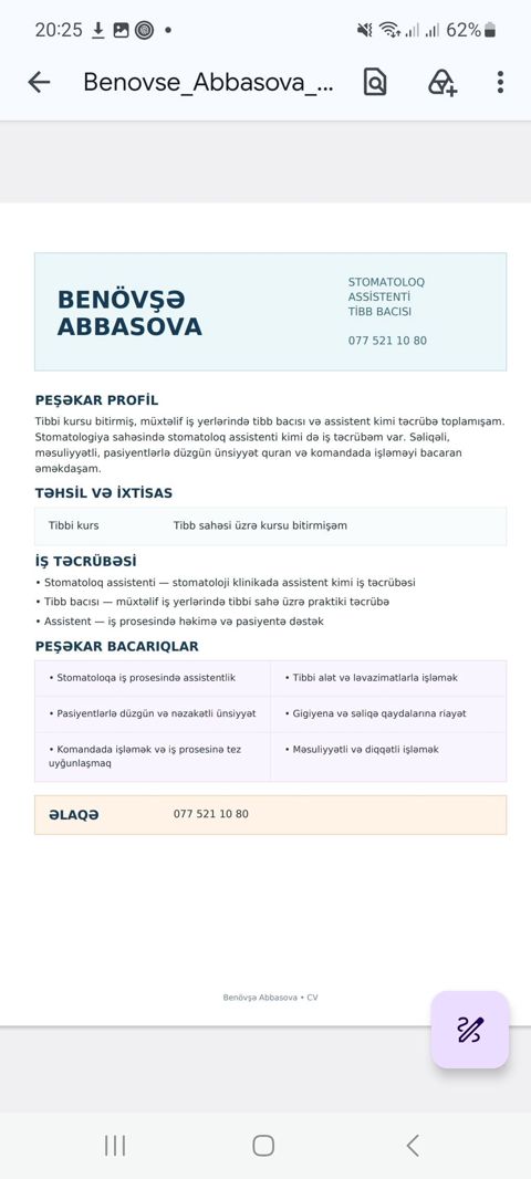 Xidmət: Stomatoloq assistenti / Tibb bacısı Təsvir: - Stomatologiya — Saray