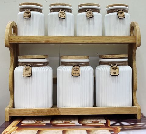 Saxlama qabı dəsti, 250/500 ml, Keramika/Bambuk, Ağ, 7 ədəd — Bakı