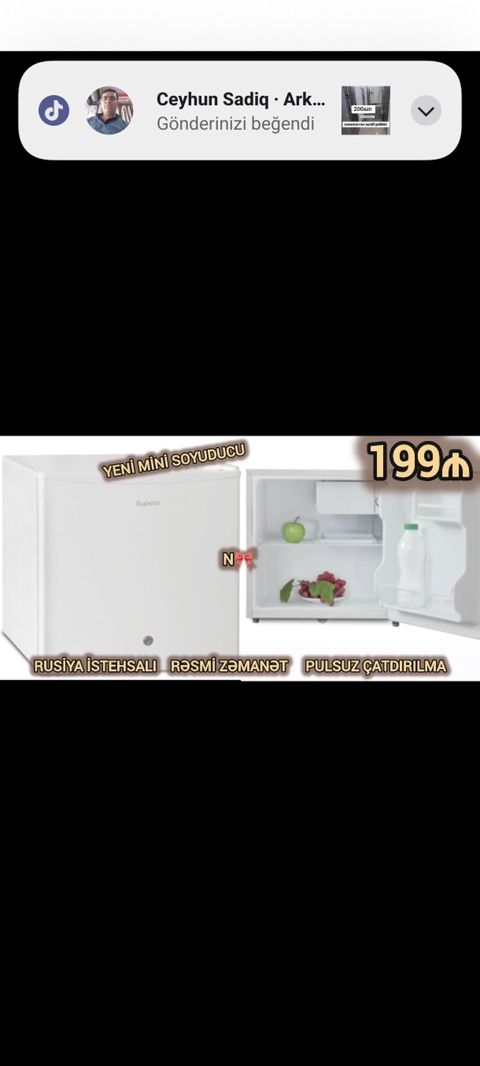 Mini soyuducu – ağ rəng, komakt ölçülü, tək qapılı model. - İç — Bakı