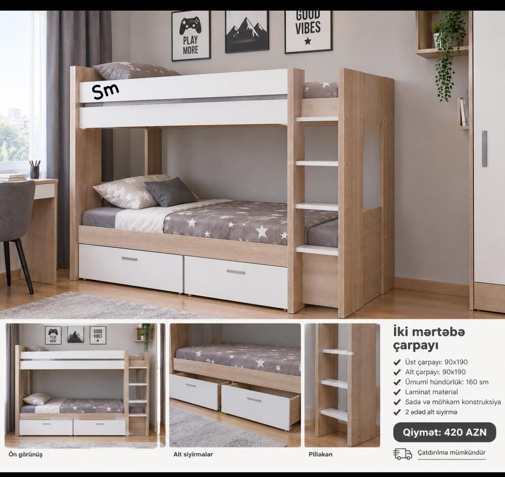 İki mərtəbəli çarpayı - Üst çarpayı ölçüsü: 90x190 sm - Alt çarpayı — Yataqlar, Bakı