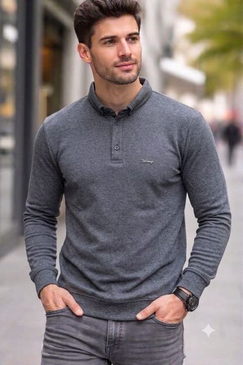Kişilər üçün uzunqollu polo, boz, pambıq, ölçü 2XL — Bakı