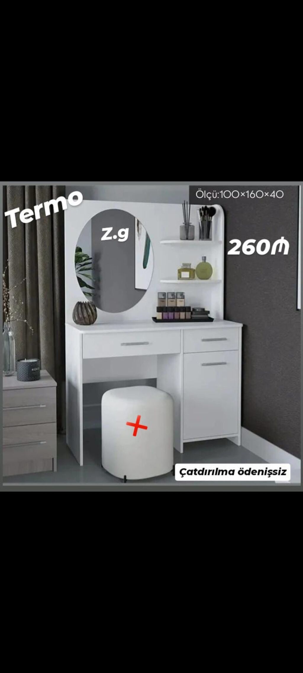 Termo makiyaj masasının dəsti - Ölçü: 100×160×40 sm - Rəng: ağ — Tuvalet masaları və konsollar, Masazır
