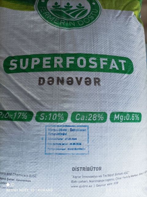 Superfosfat dənəvər gübrə Tərkibi: - P2O5: 17% - S (kükürd): 10% - Ca — Hacıqabul