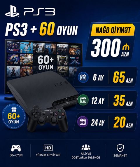 PlayStation 3 oyun konsolu – 60+ oyunla birlikdə Xüsusiyyətlər: - PS3 — Bakı