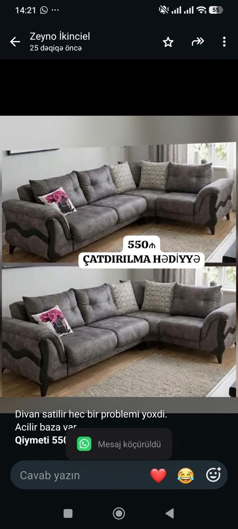 Divan satilir hec bir problemi yoxdi. Acilir baza var. *Qiymeti 550 — Bakı