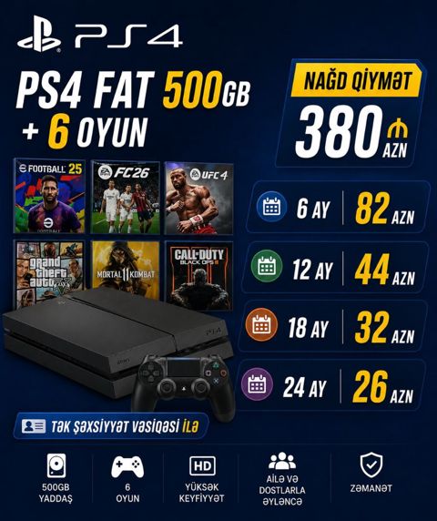 PS4 FAT 500GB + 6 oyun paketi Xüsusiyyətlər: - 500GB yaddaş - 1 ədəd — Bakı