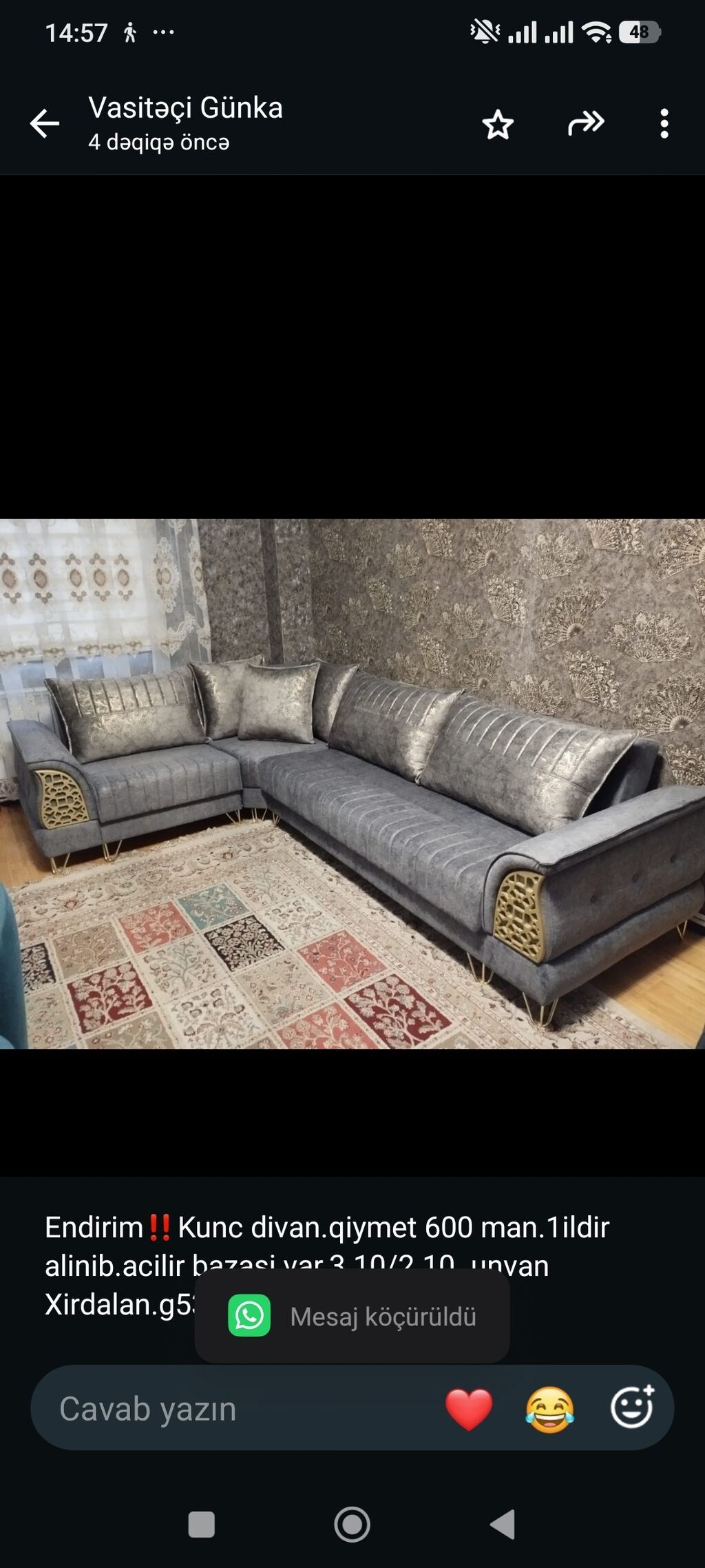 Endirim‼ Kunc divan.qiymet 600 man.1ildir alinib.acilir bazasi — Divanlər, Bakı
