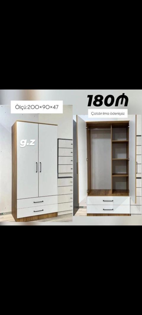 İki qapılı, çekmecəli şkaf - Ölçü: 200 90 47 sm - Rəng/üslub: ağ — Masazır