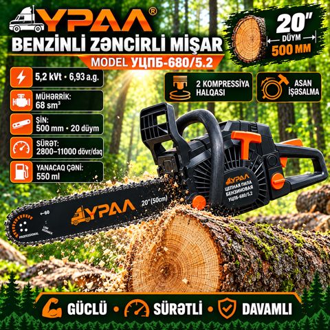 Zəncirli mişar Урал, УЦПБ-680/5.2, 5200 Vt, 0.55 L, Odun hazırlamaq üçün, Ev üçün, Bağ üçün, Tikinti işləri üçün — Bakı
