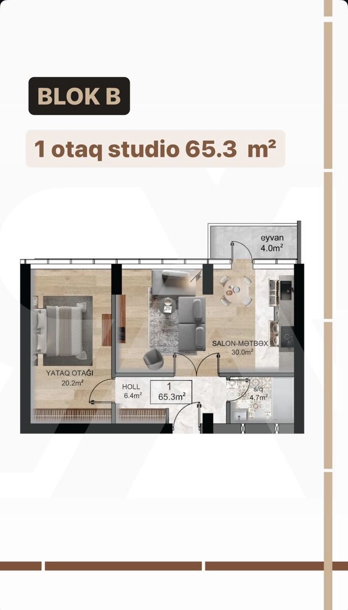 Satılır 1 otaqlı yeni tikili 65.3 m² — Mənzil, Bakı (4)