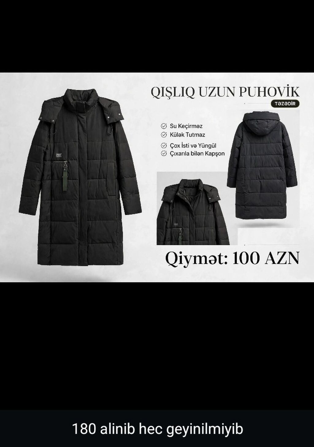Qışlıq uzun puhovik – qara rəngdə, kapüşonlu model. Xüsusiyyətlər — Jaketlər, Digah