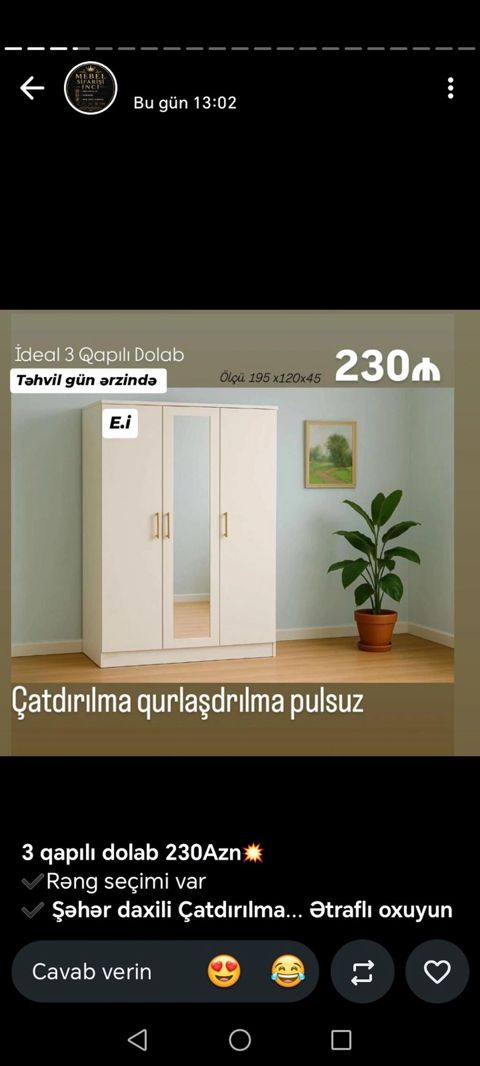 İdeal 3 qapılı dolab - Ölçü: 195 x 120 x 45 sm - Orta qapıda güzgü — Bakı