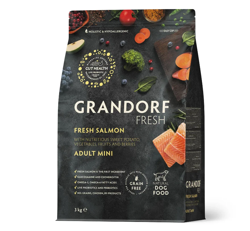 Grandorf Fresh Holistic Hypoallergenic Dog Adult Mini Fresh Salmon — kiçik cins yetkin itlər üçün canlı probiotikli, quru, dənəsiz, holistik sinif yeməyi, qızılbalıq dadı ilə, 3 kq — Bakı
