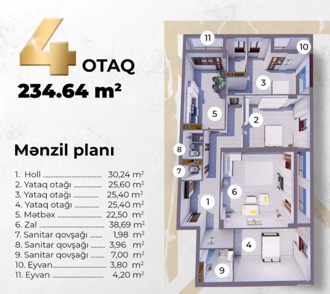Satılır 4 otaqlı yeni tikili 234.7 m² — Mənzil, Bakı (3)