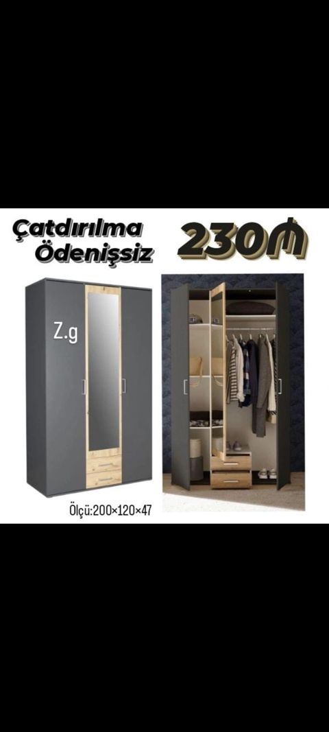 Üç qapılı paltar dolabı – qrafit-boz rəngdə, açıq ağac teksturalı — Masazır