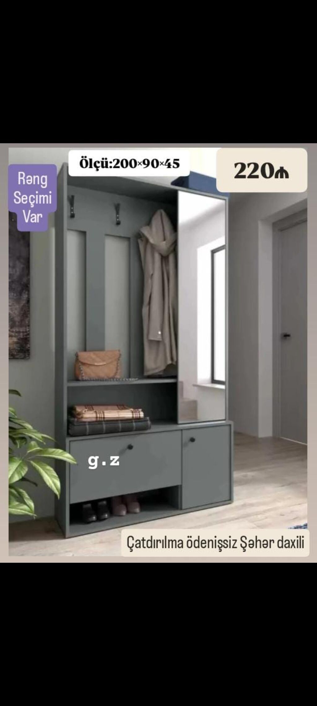 Dəhliz üçün çoxfunksiyalı portmanto-güzgülü dolab - Ölçü: 200×90×45 — Xol üçün, Masazır