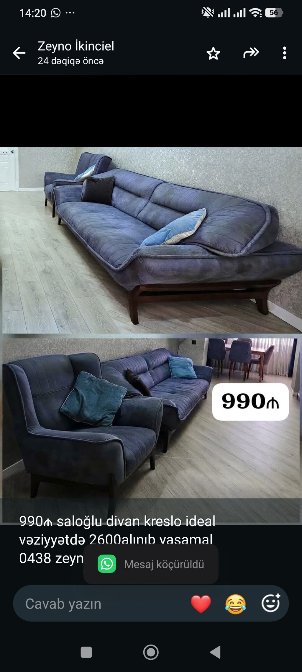 990₼ saloğlu divan kreslo ideal vəziyyətdə 2600alınıb yasamal 0438 — Yumşaq mobilya dəstləri, Bakı