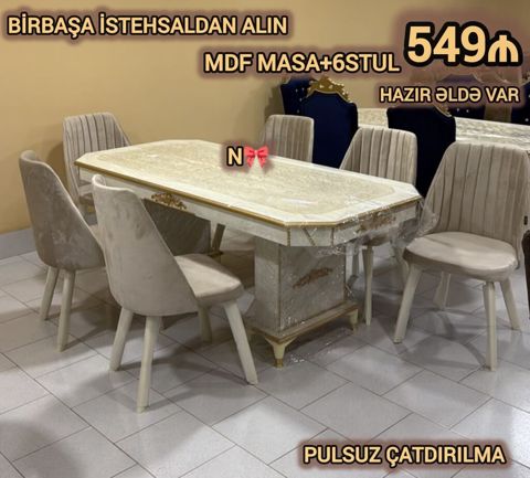 MDF yemək dəsti – masa + 6 stul - Zərif dizaynlı, mərmər teksturalı — Bakı