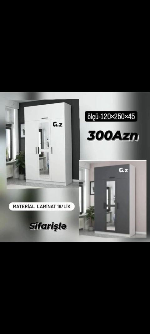 Düz dolab, Yataq otağı üçün, Paltar üçün, Açılan, Korpuslu, 3 qapılı — Masazır