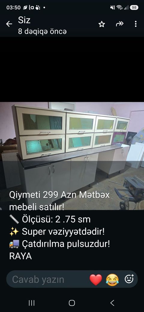 Mətbəx mebeli dəsti - Ölçü: 2.75 m - Üst blok: şüşəli qapaqlar, üfüqi — Sumqayıt
