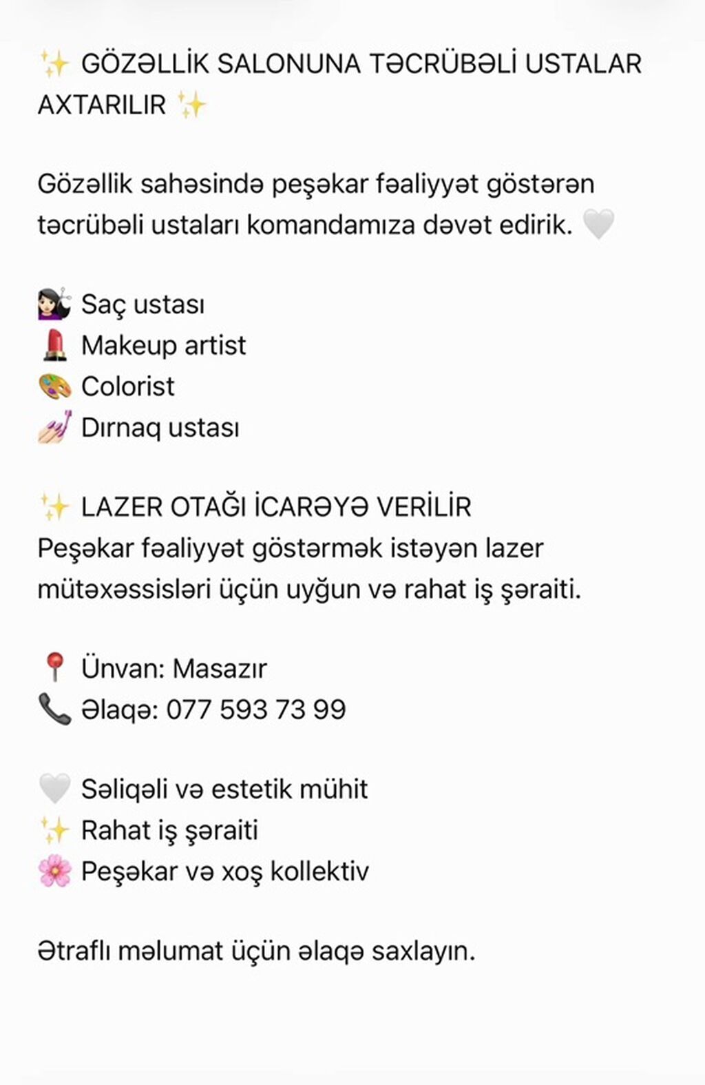 Masazirda acilacaq Gözəllik salonuna tecrubeli mutexessisler devet — Gözəllik, fitness, sport, Masazır