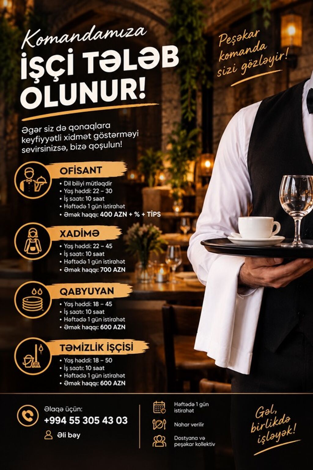 Ofisiant tələb olunur, Restoran, Aylıq ödəniş, 18-29 yaş, Təcrübəsiz — Restoranlar, Turizm, Bakı