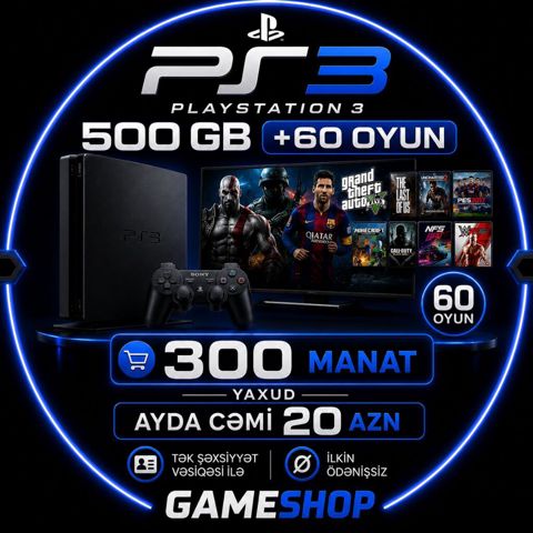 PlayStation 3 (PS3) – 500 GB yaddaş + 60 oyun - Komplekt: PS3 konsolu — Bakı