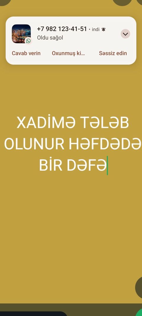 Xadimə tələb olunur, 30-45 yaş, 3-5 illik təcrübə, 6/1, Həftəlik ödəniş — Bakı
