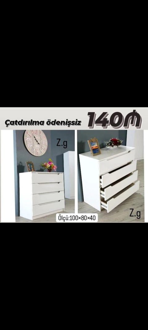 Ağ rəngli 4 çekmecəli komod - Ölçü: 100×80×40 sm - Minimalist dizayn — Masazır